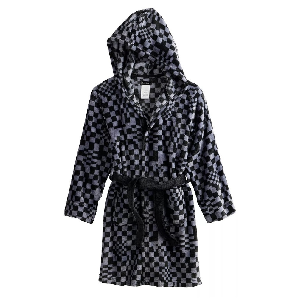 🆕 Cuddl Duds Boys Hooded Robe Black Gray Checkered S(4-6) Belted Cozy Winter